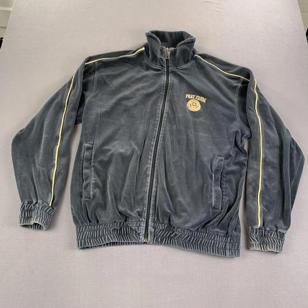 Phat Farm Track Jacket‎ Mens XL Gray Velour Full Zip Logo Hip Hop Athletic Y2K